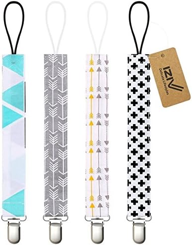 iZiv(TM) Baby Pacifier Clip Holder - 4 Pack - Unisex Pattern Design - Teething Ring Toys, Pacifier Leash, Stylish Shower Gift Set (Color-2)
