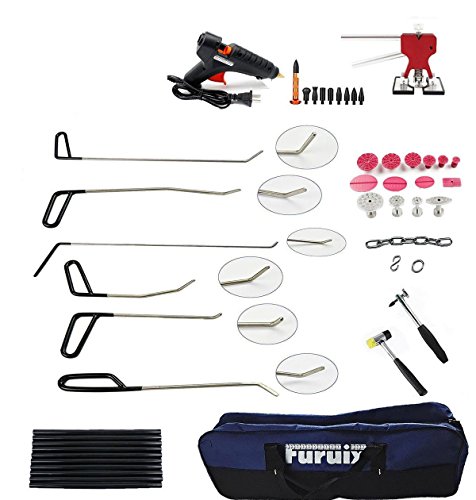Click Here to See More Images Furuix PDR Tool Kit with PDR Rods Glue Gun Dent Lifter Tap Down Hammer Paintless Dent Repair Tools Dent Removal Car Dent Puller Auto Body Tools