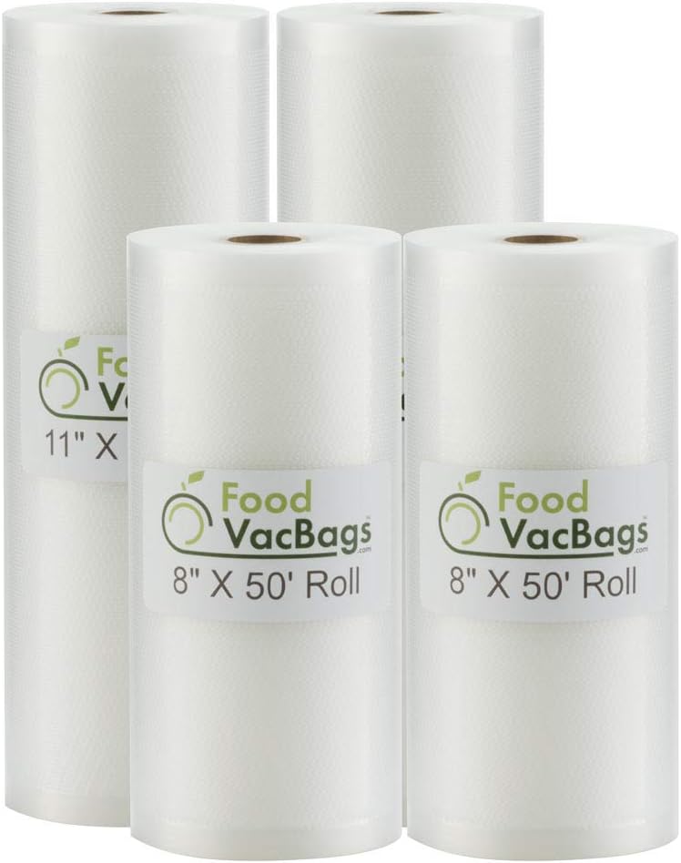 Four FoodVacBags Rolls - (2) 11" X 50' and (2) 8" X 50' Roll Commercial Vacuum Sealer Bags Food Storage