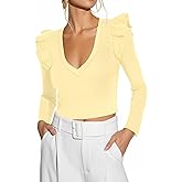 Ezbelle Women's Long Sleeve V Neck Ruffle Shirts Ribbed Knit Blouses Sxey Trendy Fall Tops 2026 Fashion