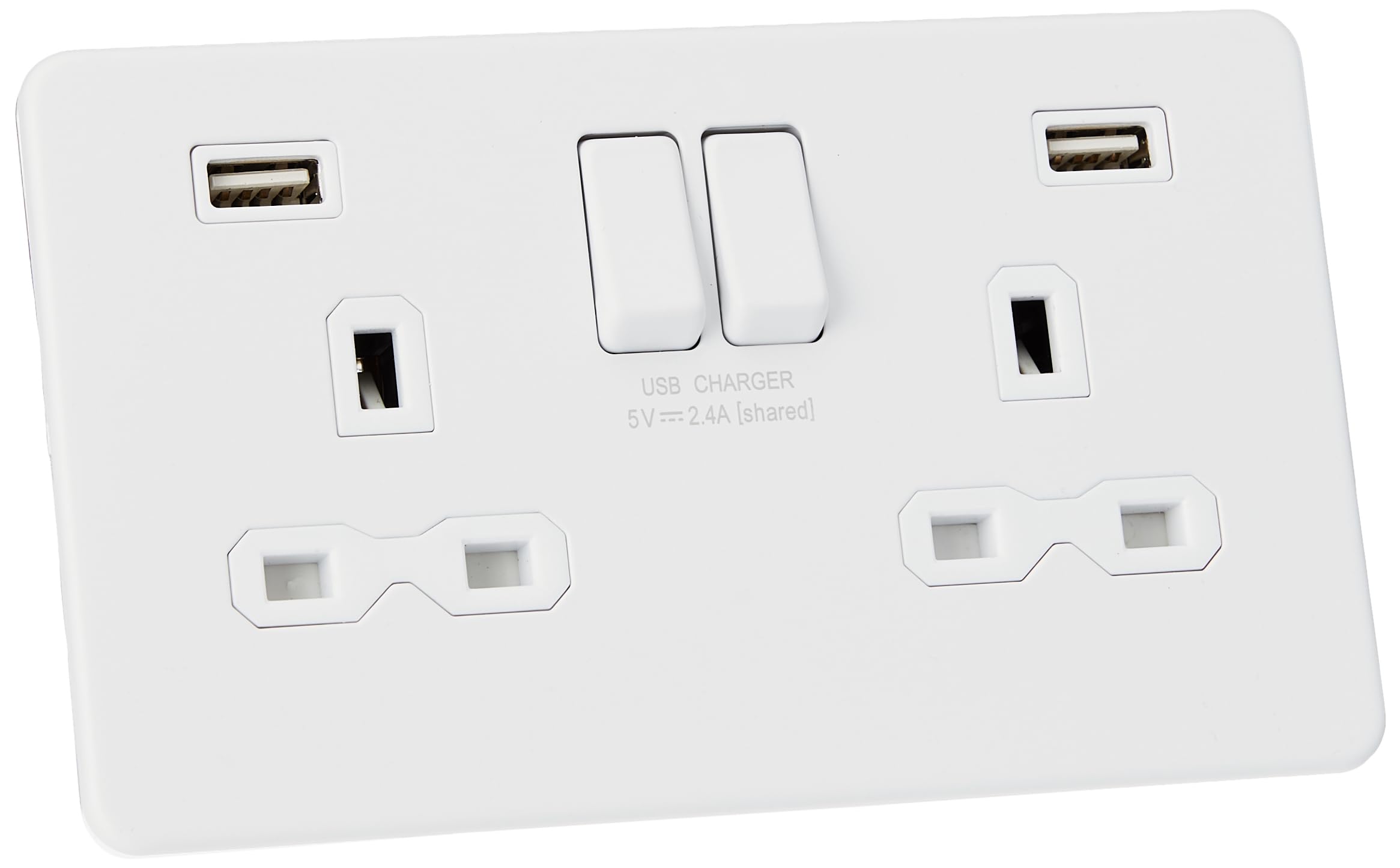 13A 2G switched socket with dual USB charger A + A (2.4A) - Matt white