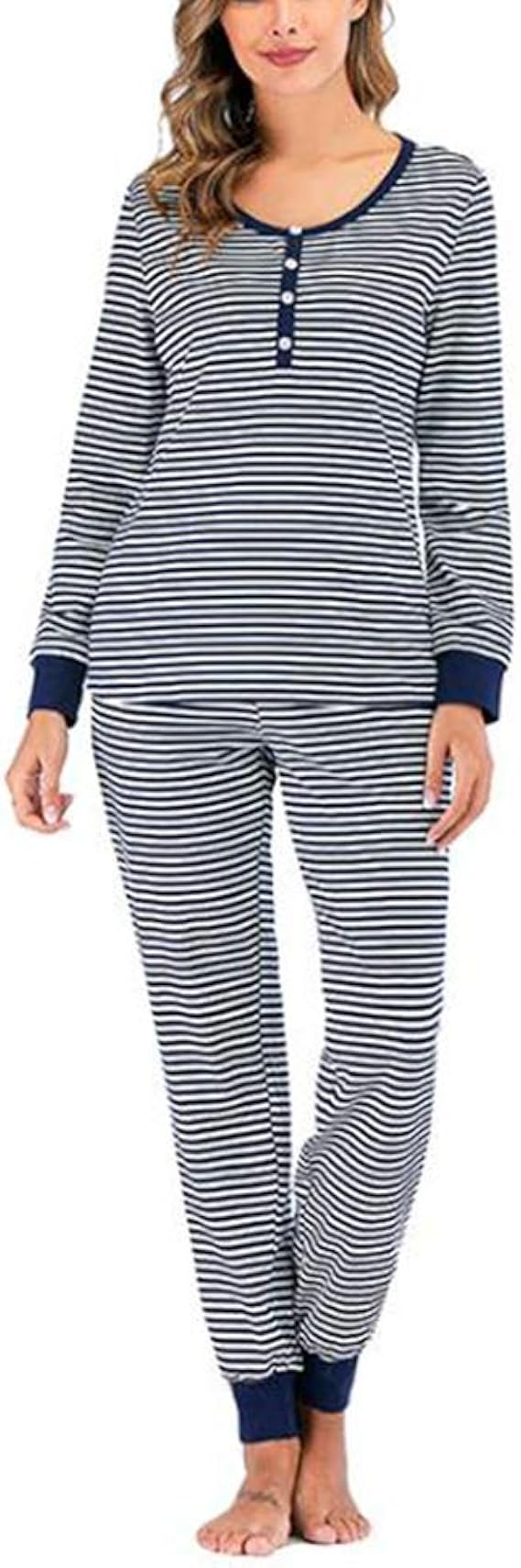Women's Striped Printed Pajama Set Casual Wear Full Length Tops and