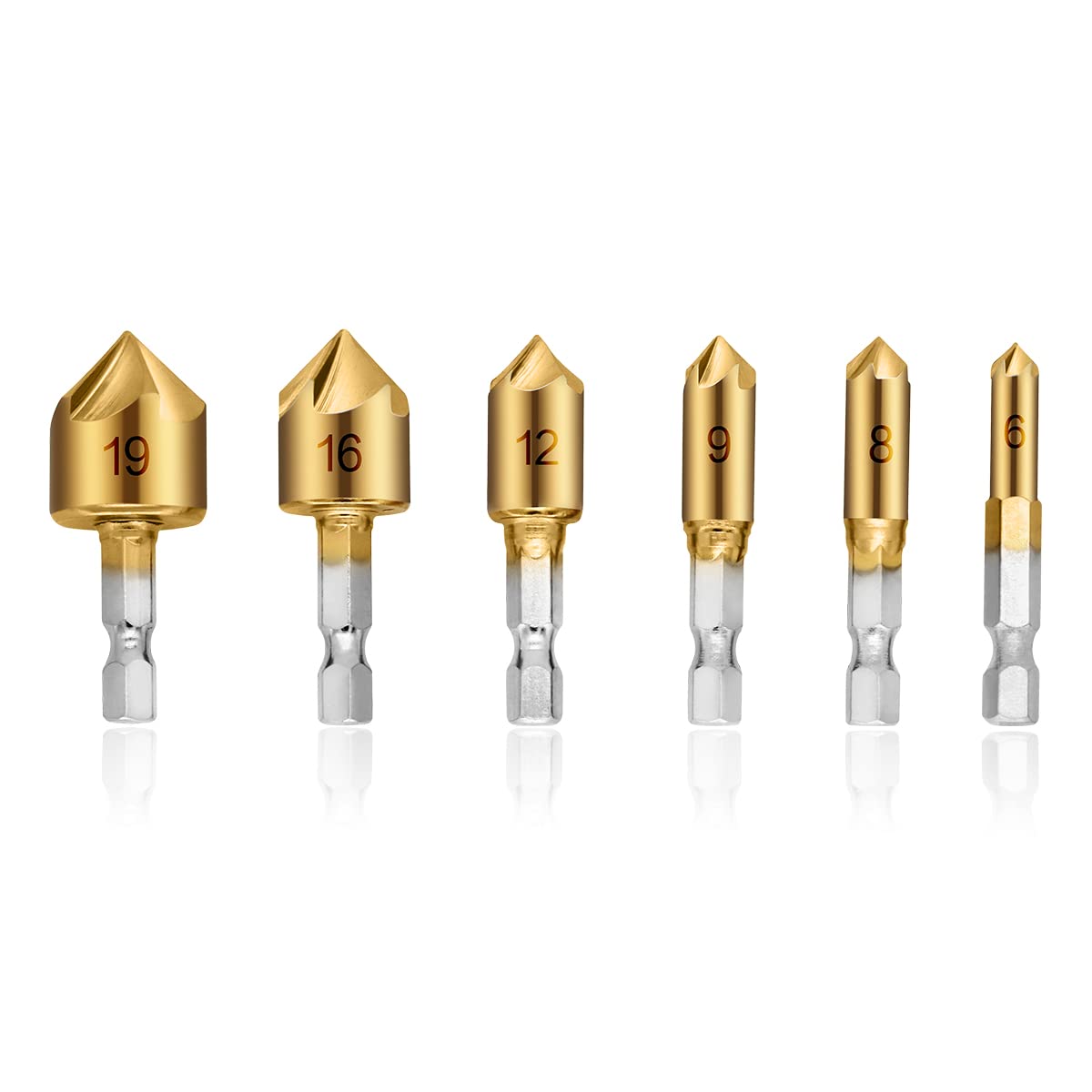 6pcs HSS Countersink Drill Bit Set with 90 Degree Center for Wood Quick Change Bit 6mm - 19mm