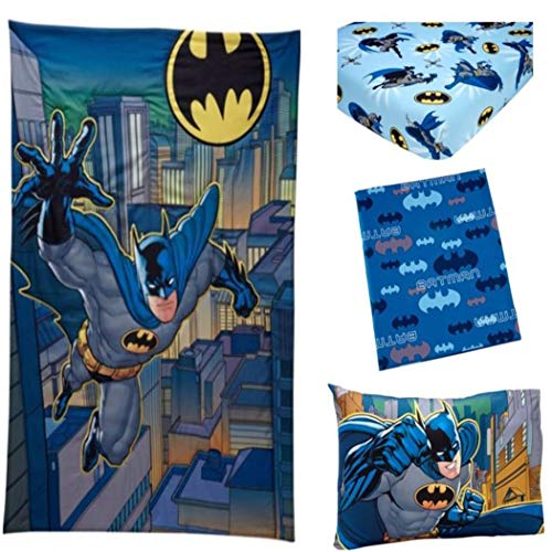 3 Piece Blue Black Kids Batman Toddler Bed Set, Gray Yellow Bat Man Bedding DC Comic Book Super Hero Theme The Dark Knight Gotham City Gray Superhero Crime Fighting Children Bedroom, Polyester