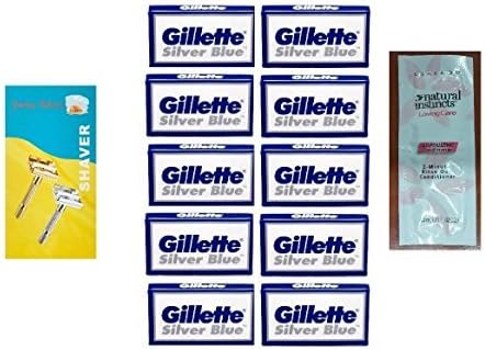 Shaving Factory Double Edge Safety Razor, Silver + Silver Blues Double Edge Blades, 5 ct. (Pack of 10) with FREE Loving Color trial size conditioner