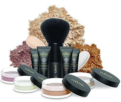 INIKA Face In A Box, Makeup Gift Set, Essentials Starter Beauty Kit, All Natural Formula, Travel Sizes : Primer, Foundation, Bronzer, Concealer, Blush, Vegan Kabuki Brush (Unity)