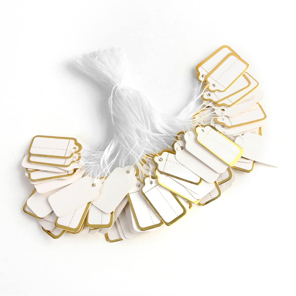 Haohai 500 pcs Jewelry Price Tags with String Attached, Paper Price Labels, Display Clothing Tags Display Label, Marking Tags with Elastic String (Gold)