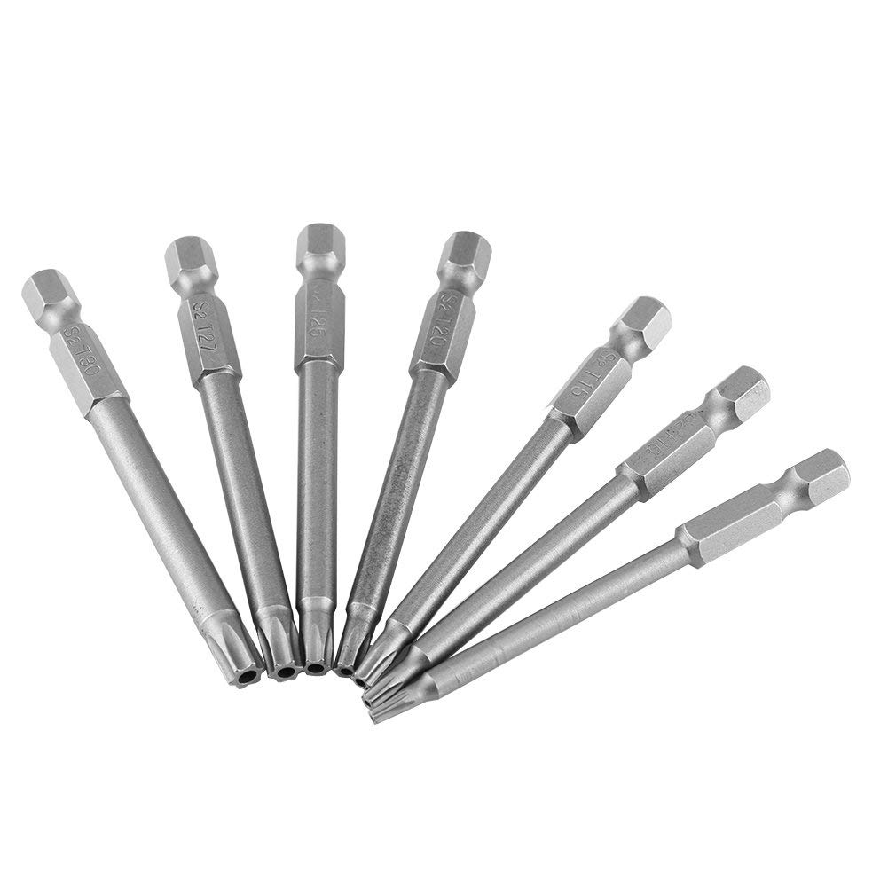 7-Piece 75 mm T8 - T30 Long Torx Screwdriver Bits S2 Alloy Steel 1/4 Inch Hex Magnetic Shaft Safety Star-Head Screwdriver Bits Set