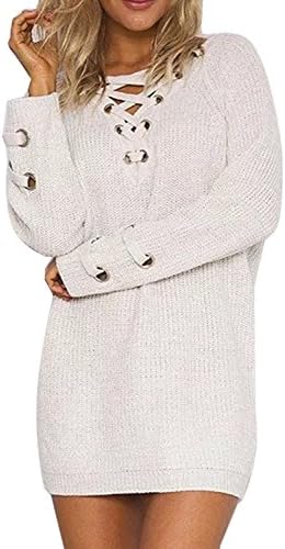 Summer Jun Women's Lace Up Front V Neck Long Sleeve Knit Sweater Dress Top