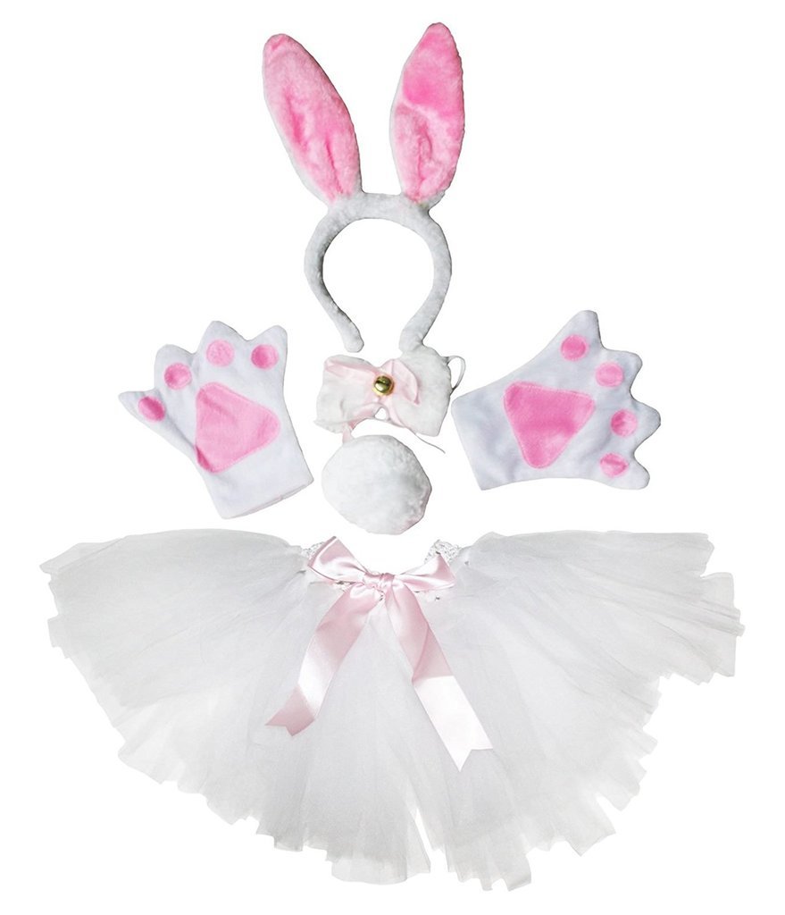 Petitebelle Headband Bowtie Tail Gloves Tutu 5pc Girl Costume 1-10y (Bunny(White/Pink), 1-5 Years)