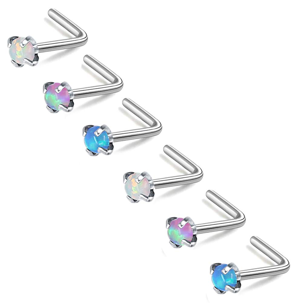 ZS 6 Pieces Blue Opal Nose Studs 20 Gauge Nose Pin L-Shape Nose Piercing Stud Stainless Steel Nose Stud Retainer