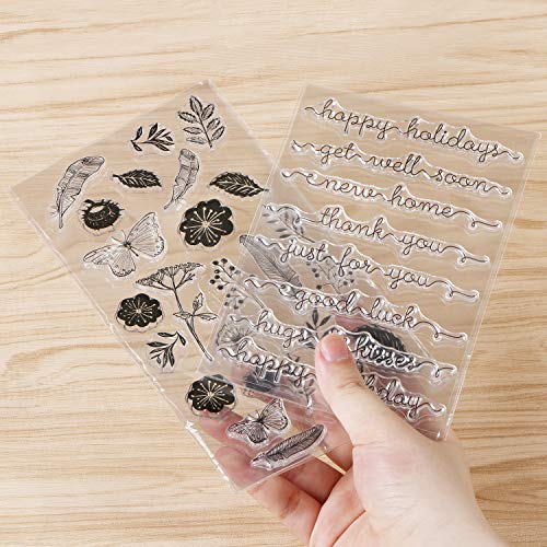 2 Sets Clear Stamps for Cards Making, Kissbuty Flowers Leaves Words Just for You Happy Birthday Thank You Silicone Stamps Blessing Words Decorative Clear Stamps for Card Decoration and Scrapbooking - Thumbnail 4