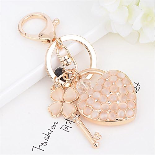 Cute Kawaii Rhinestone Clover Heart-Shaped Shape Auto Car Key Ring Hooks Keychain for Women Purse Bag Charms Ornaments (Beige)