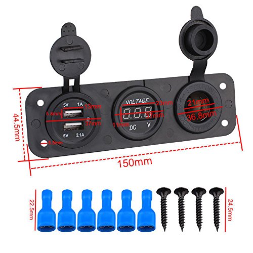 BREADEEP Dual USB Charger Power Outlet Cigarette Lighter Socket DC 12V Digital Voltmeter with Panel Terminal for Car Motocycle Boat RV ATV