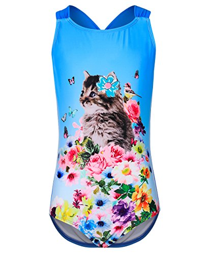 BELLOO Kids Girls Bathing Suits Printing One Piece Swimwear, Blue, 14-16
