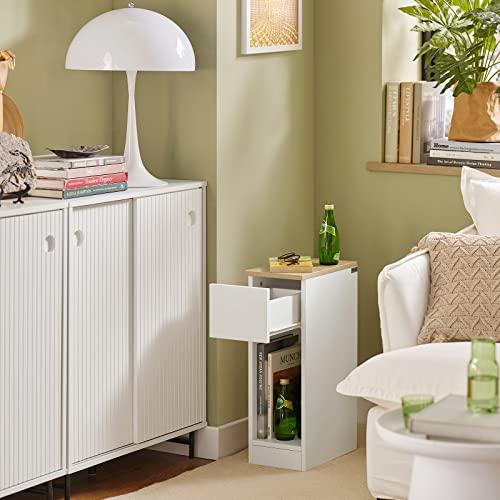 SoBuy Set of 2 Bedside Tables, Modern Nightstand with Drawer, Slim Side Table for Bedroom and Living Room, Compact Small End Table with Storage, White & Natural, FBT111-WNx2