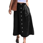 chouyatou Women's High Waisted Button Front Skirt A-Line Pleated Cotton Midi Long Skirt with Pockets