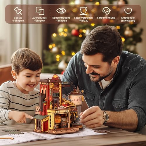ROBOTIME 3D Holzpuzzle Geschenkfabrik Bausatz – Mechanisches Modell mit Musik & LED Licht, Retro Vintage Bastelset für Erwachsene & Jugendliche, EAB01