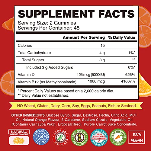 B12 Vitamins Gummies with Vitamin D - 90 Count | Vitamin D 5000 IU & Methyl Vitamin B12 1000 mcg Supplement for Energy and Immune Support - Vegan Friendly, Gluten Free - Orange Flavor (Orange)