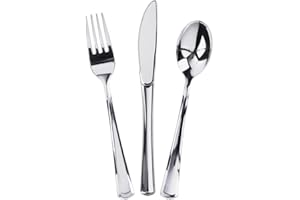 75PCS Plastic Cutlery Disposable, Plastic Utensils for Parties, Silverware Cutlery Set Include Silver 7.4In Forks and 6.9In S
