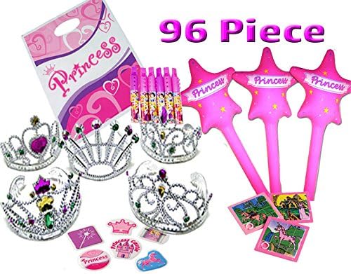 Princess Party Favor Pack - 96 Piece (12 Tiaras, 12 Princess Inflatable Wands , 12 Princess Slide Puzzles, 12 Disney Mini Flutophones and 36 Puffy Stickers and 12 Loot Bags
