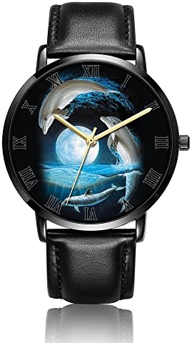 Whiterbunny Customized Moonlight Dolphins Wrist Watch Unisex Analog Quartz Fashion PU Leather Bracelet Wristwatch for Women and Men