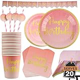 102 Piece Pink and Gold Theme Happy Birthday Party Set Including Banner, Plates, Cups, Straws, Napkins and Tablecloth, Serves 20
