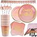 102 Piece Pink and Gold Theme Happy Birthday Party Set Including Banner, Plates, Cups, Straws, Napkins and Tablecloth, Serves 20