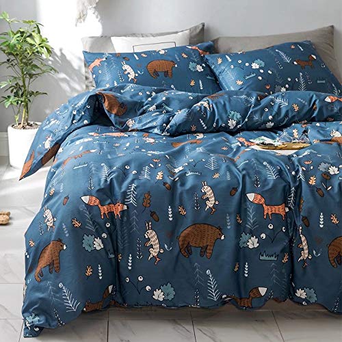 Jumeey Queen Cotton Duvet Cover Sets Navy Blue Duvet Cover Full Boys Teen Bear Fox Print Forest Bedding Sets for Kids 100% Cotton,Raccoon Rabbit Bear Print 3 Piece,NO Comforter