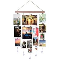 LEVOSHUA Picture Hanging Display, Photo Holder, Wood Picture Frames Collage for Wall Decor with Clothspin Clips, Golden Chain Wire, Crystal Pendant - 16x33 inches (Teardrop)