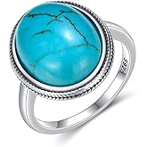 DOLIOX Genuine Turquoise Ring, Sterling Silver Boho Vintage Nature Native Round December Birthstone Rings for Women, Sizes 4 to 12