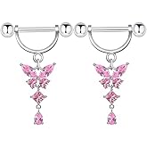 Niaspi 14G Butterfly Dangle Nipple Rings Stainless Steel Clear CZ Nipplerings D-shaped Nipple Barbell Pink White Butterfly Nipple Piercing Jewelry