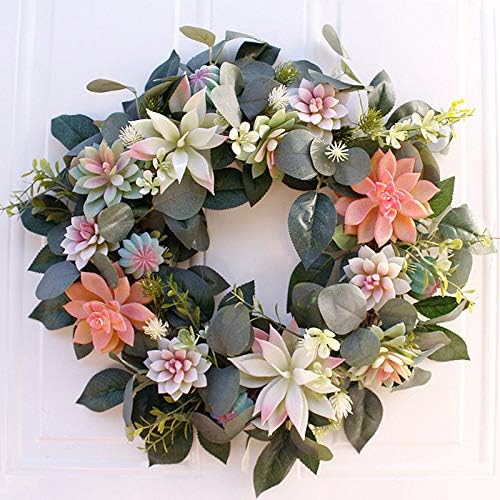 DAMEING Artificial Succulent Wreath, Decorative Greenery Wreath with Real Twig, Spring Summer Wreath Fake Succulent Plants Hanging for Front Door Wall Window Decor (16inch)