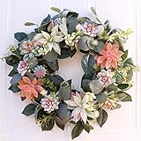 SYLOTS Artificial Succulent Wreath Door with Knotted Bow, Fake Leaves Wreath Succulent Plants Hanging Wall Window Party Decoration for The Front Door, Home Decor in Summer and Fall, Weddings