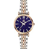 SK Classic Women Watches Fashion Ladies Dress Watch Solid Stainless Steel Band Genuine Leather Strap (Blue-Starry)