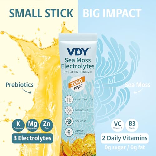 VDY Sea Moss Electrolytes Powder Packets - Hydration Packets Sugar Free - Electrolyte Packets with 30 Sticks - Zero Sugar & 0 Calorie - Keto Friendly - Gluten Free Drink Mix - Mango Pineapple