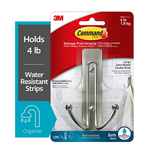 Command Large Double Bathroom Wall Hook, Damage Free Hanging Bath Hook with Adhesive Strip