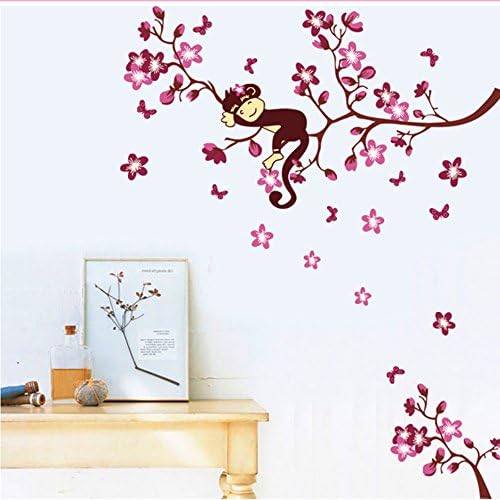 Aiwall 7020 DIY Pink Branch Animal Monkey Vinyl Wall Stickers For Kids Room Boys Girl Wallpapers Home Decor Child Sticker