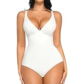 FeelinGirl Bodysuits for Women Tummy Control Shapewear White Bodysuit Tops Deep V Neck Body Shaper