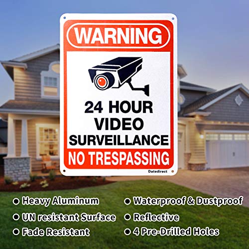 DateDirect 4-Pack Video Surveillance Sign，No Trespassing Metal Warning Aluminum Security Signs with 4 Stickers 10"x 7" 0.40 for Home Business CCTV Security Camera,UV Protected & Waterproof - Thumbnail 2