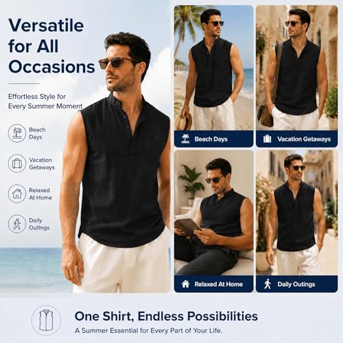 ATRACTIVOLL Camiseta Tirantes Hombre Camisa de Lino Hawaianas Playa Camiseta sin Mangas Henley Transpirable Camiseta Básica Tank Top Tiempo Libre Deporte Chalecos con Bolsillo Gym Gimnasio Fitness