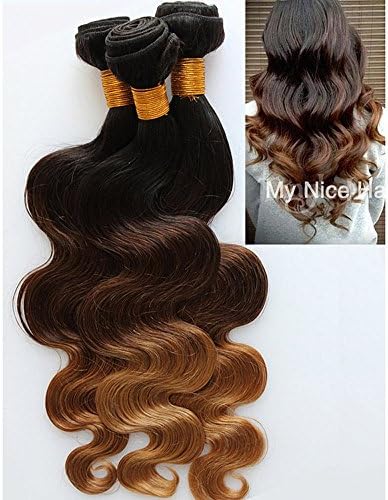 MyNiceHair 3 Bundles/lot 12 14 16 Inches Brazilian Three Tone Ombre 1B#/4#/30# Human Remy Hair Extensions Weave Body Wave 300grams, Very Full and Thick