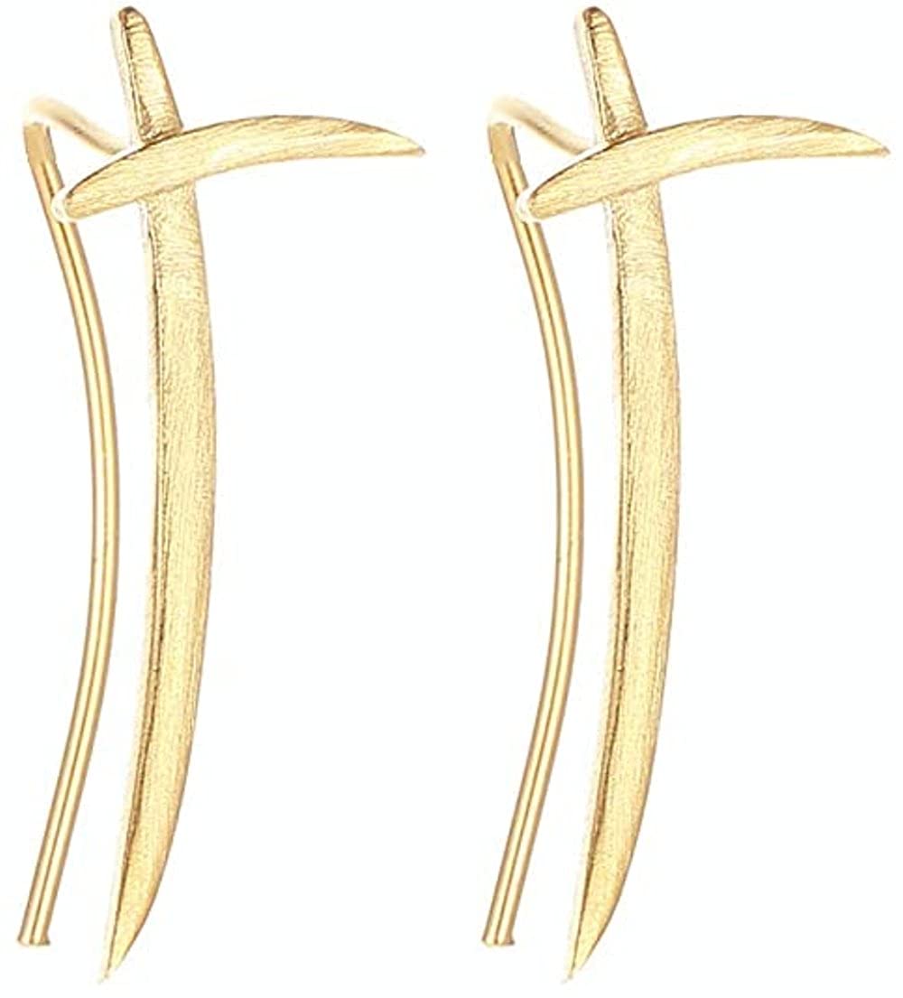 Katana Knift Simple Ear Climber Crawler Moon Cuffs Wrap Earrings for Women Girls Men 925 Sterling Silver Minimalist Long Wave Curved Bar Studs Pierced Post Vine Pin Personalized Hoops Jewely (gold)