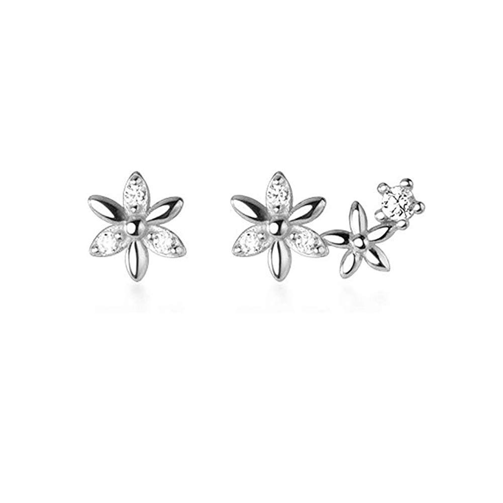 Little Flower CZ Stud Earrings S925 Sterling Silver Dainty Rhinestone Crystal Asymmetrical Daisy Flower Cartilage Studs Earring Ear Piercing Cute Jewelry Gifts for Women Girls BFF (Silver)