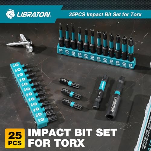 LIBRATON 25 x Torx Security Bits (T7-T40), Tamper Proof Screwdriver Bit, S2 Screw Bits with Magnetic Ends (1" and 2"), Magnetic Bit Holder and Storage Box
