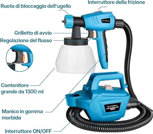 Tilswall Paint Spray Gun 800W | HVLP Electric Container 1300 ml, 3 Modes and 3 Nozzles, 1200 ml/min, Easy to Use and Clean, for Furniture and Fences