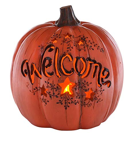 ReLive 7.5 Inch LED Lighted Fall Resin Orange Welcome Pumpkin Decor
