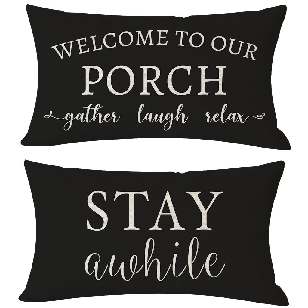 Photo 1 of PANDICORN Welcome to Our Porch Stay Awhile Farmhouse Black and White Outdoor Lumbar Decorative Throw Pillow Covers 12x20 Inch Set of 2 Cozy Relax Porch Patio Decorations for Home Couch Bench Decor