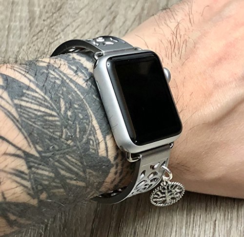 Silver Brushed Aluminum Metal Bracelet For Apple Watch 38mm All Series Handmade Flowers Design Jewelry Band for Apple Watch Vintage Tree Of Life Charm Adjustable Size Fashion Accessory Wristband - Thumbnail 5