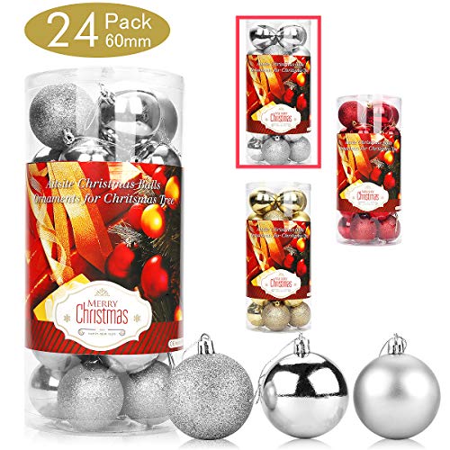 Aitsite 24 Pack Christmas Tree Ornaments Set 2.36 inches Mini Shatterproof Holiday Ornaments Balls for Christmas Decorations (Silver)